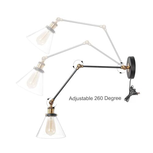 Image of LALUZ Black Glass Wall Sconces Lighting, Modern Gold Industrial Swing Arm Plug in or Hardwired Adjustable Wall Lamp with Antique Brass Finish for Bedroom, Kitchen, and Living Room