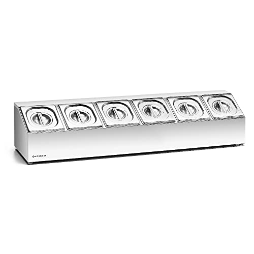 Forgast Espositore Gastronorm per 6 Contenitori GN 1/6 (Inclusi) da 10 cm di Profondità con Coperchi, Realizzato in Acciaio Inossidabile, Distributore Espositore Per Ingredienti, Piedini Antiscivolo