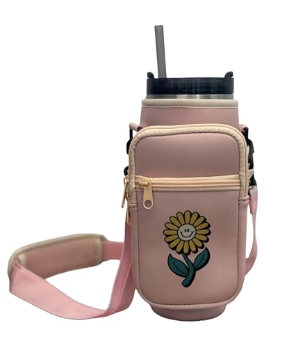 Hi Honey Pink Sunflower Water Bottle Holder with Adjustable Strap for Stanley 30/40 oz Tumbler with Handle, Neoprene Attachable Purse for Phone, Keys, and Cards. Stanley and Tumbler Accessories.