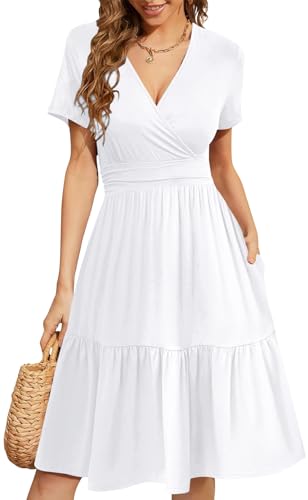 Image of Women's Casual Summer Dress V Neck Short Sleeve Flowy Stretchy Comfort Fit for Daily Wear Work Midi Dresses