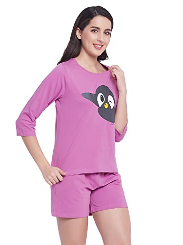 Image of Clovia Women's Cotton Printed T-Shirt & Shorts Set - Purple
