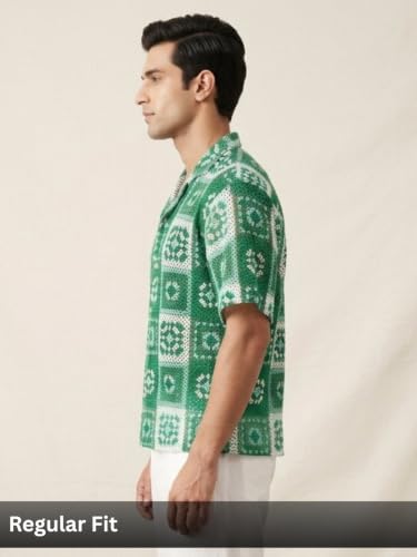 Image of GRECIILOOKS Men`s Shirt | Mens Casual Crochet Knitted | Half Sleeve Printed Crochet with Cuban Collar Shirt`s | Relaxed fit Textured & Stylish Premium Mens Shirt