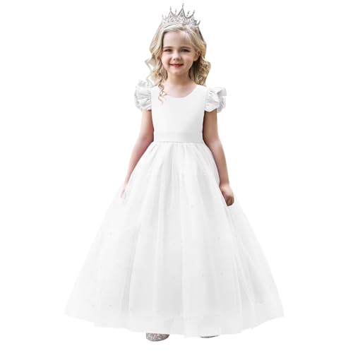 Flower Girl Dress Flying Sleeve Girls Pageant Dresses Pearls Tulle First Communion Dress V-Back Wedding Formal Ball Gown with Bow, White 16