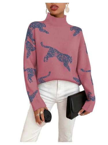 Image of WDIRARA Women's Leopard Tiger Print Sweater High Neck Long Sleeve Fuzzy Knitted Pullover Top