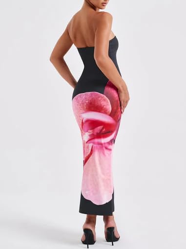 Image of Women Y2k Strapless Maxi Dress Floral Print Tube Long Dress Boho Beach Sundress Going Out Streetwear