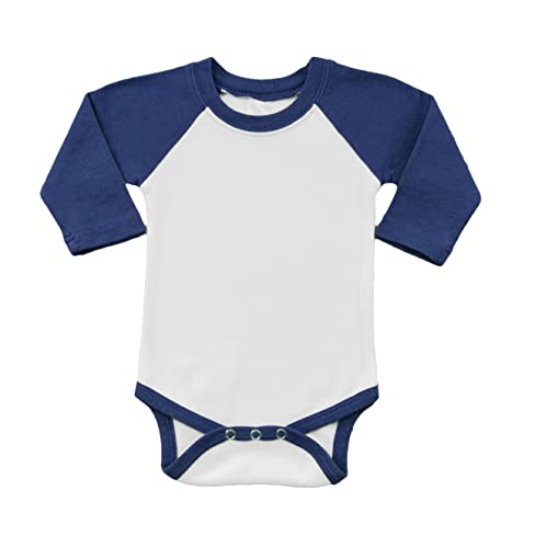 Monag Sublimation Raglan Polyester Baby Bodysuit, Polyester Infant Bodysuit (White/Navy, 12-18 Months)