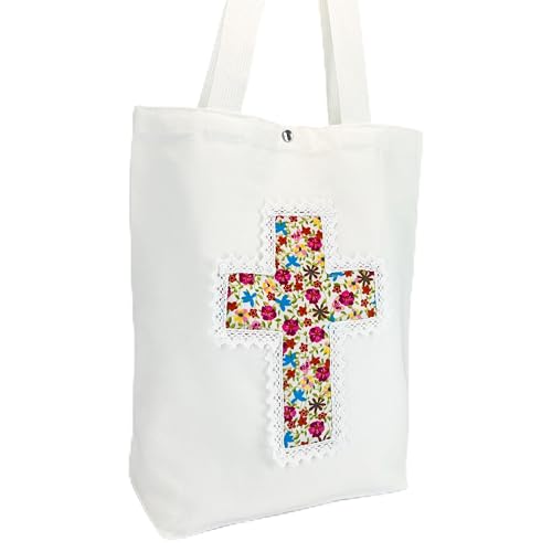 Image of Christian Tote Bag Gift for Women, Canvas Bible Bag Handmade Floral Cross | Christian faith-inspired gift, handcrafted cross with lace, inner pocket, snap closure, bottom gusset, church Bible study use