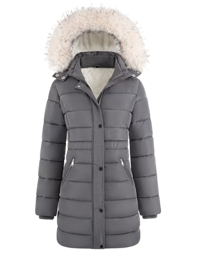 Yuson Girl Abrigos de Mujer para Invierno Chaqueta Largo Cálida Cremallera Acolchada Parka con Capucha Prueba de Viento Jacket Elegante Casual Chaquetón Exteriores con Bolsillo(Gris oscuro, L)