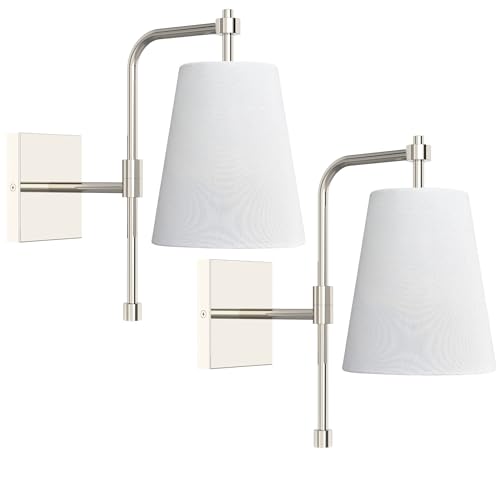 Image of Swing Arm Wall Lamps Set of 2, Fabric Linen Shade, Hardwired Wall Mounted Light Fixture for Bedside, Living Room, Bathroom, Versatile Home Decor (Brushed Nickel)
