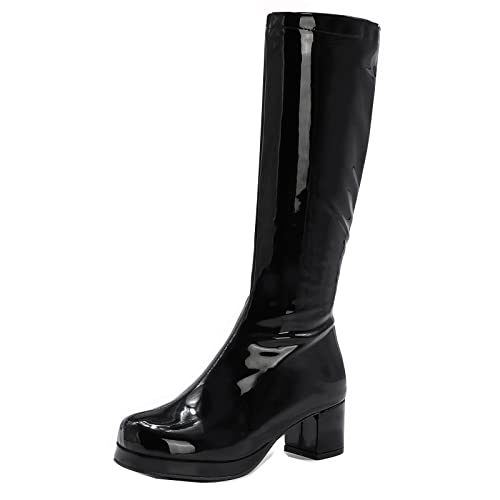 YIYA Women's Knee High GOGO Boots Colorful Patent Leather Waterproof Rain Boots Chunky Low Heel Party Costume Shoes