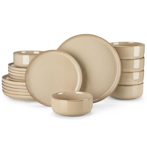 vancasso PLAYA - Juego de platos y cuencos de cerámica, 18 piezas de vajilla marrón para cocina, juego de platos de esmalte reactivo para 6, apto para lavavajillas y microondas