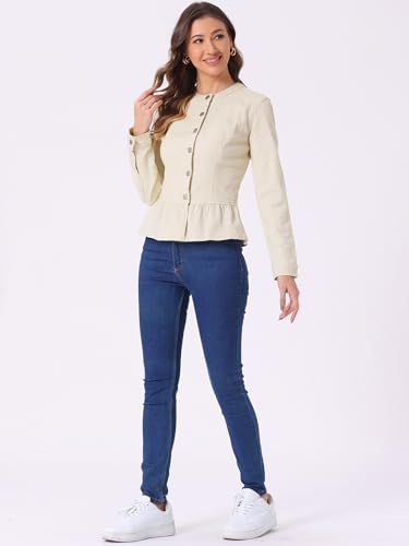 Allegra K Women's Peplum Denim Jackets Collarless Round Neck Button Down Cropped Ruffle Hem Jacket3