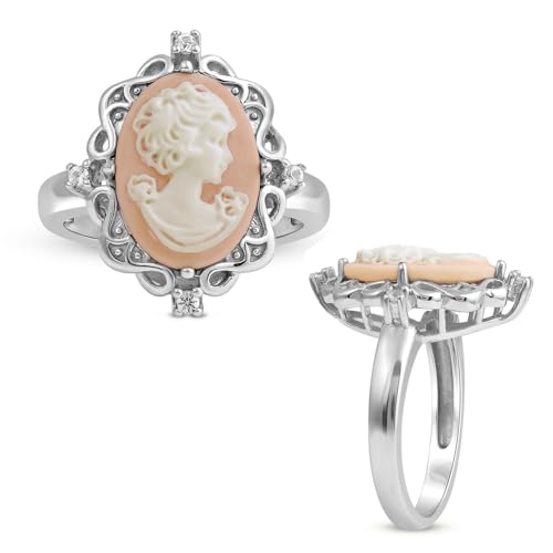Jewelili Bague camée rose en argent sterling avec saphir blanc rond créé, 5 UK, Argent sterling, Camee