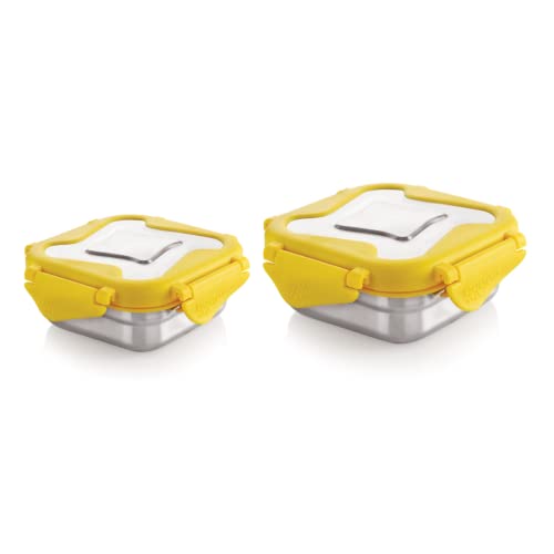 Image of STEELLOCK Smart Stainless Steel Tiffin Lunch Box for Kids and Adults | Airtight & Leakproof | Square Tiffin Box for School & Office with Steel Lid | Yellow 250 ml & 360 ml 1 pc Each