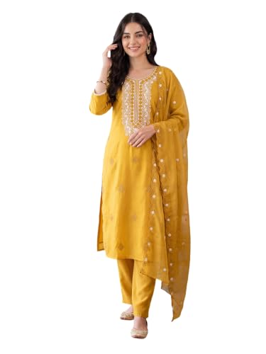 Image of INDO ERA Women's Silk Blend Embroidered Thread Work Kurta & Pant with Dupatta Set | Suit Set For Women