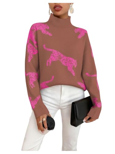 Image of WDIRARA Women's Leopard Tiger Print Sweater High Neck Long Sleeve Fuzzy Knitted Pullover Top