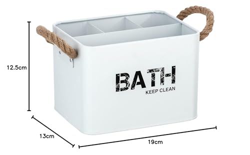 WENKO Badbox Gara mit 4 Fächern, Aufbewahrungsdose aus Stahl, trendiger Aufdruck, geflochtene Griffe, ideal für Bad und Gäste-WC, 19 x 12,5 x 13 cm, Weiß