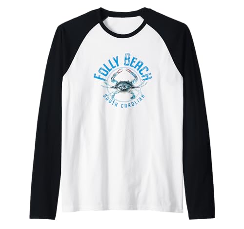 Folly Beach South Carolina Blue Crab Design Raglan Baseball Tee