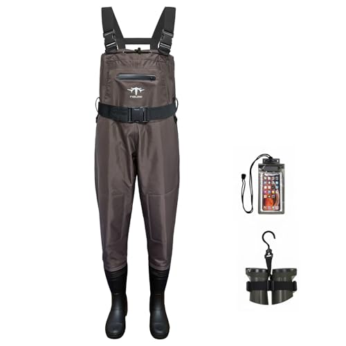 Fiblink Chest Waders, 2-Ply Nylon/PVC Waterproof Fishing Hunting Waders, Fishing Waders for Men & Women with Boots(Brown-M10)
