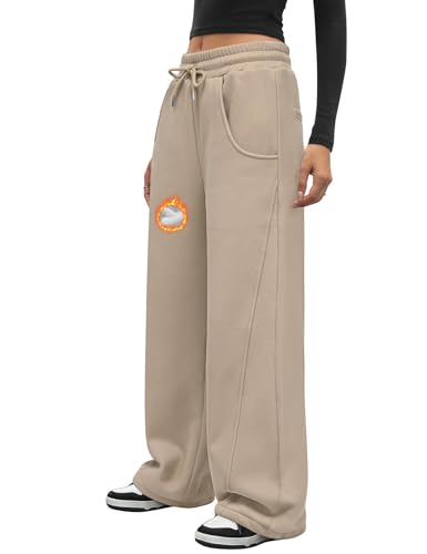 Image of CMTOP Sweatpant for Women Wide Leg Joggers Winter Fleece Lined Trouser with Pockets Baggy Cotton Sweatpants Elastic Waist Drawstring Lounge Pants for Sports Khaki