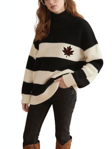utcoco Womens Striped Sweater Maple Leaf Embroidered Knit Pullover Casual Long Sleeve Jumper for Fall & Winter