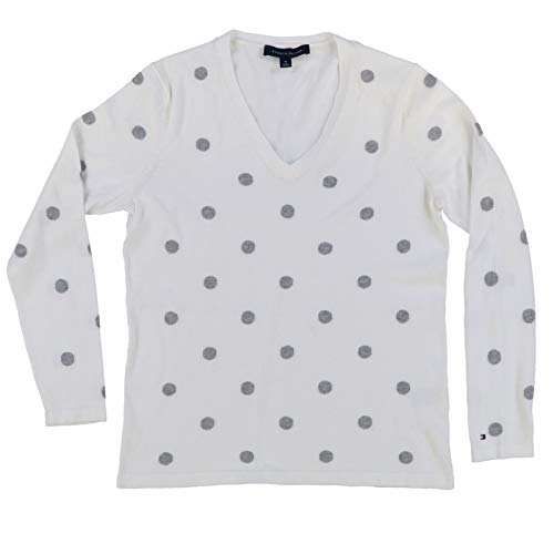 Tommy Hilfiger Womens V-Neck Polka Dot Sweater (Small, White)