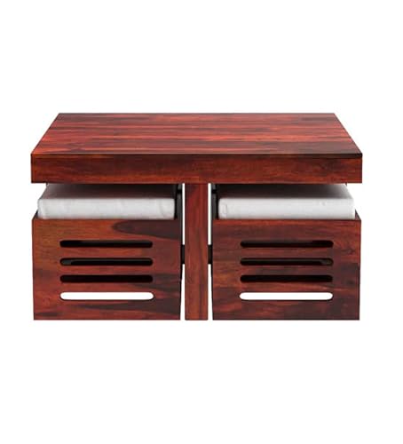 Image of Coffee Table with 4 Stools, Walnut Finish | Sheesham Wood, For Living Room, Wooden Center Teapoy Table