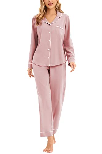 Image of LUBOT Women's Pajamas Set Cotton PJ Set for Women Long Sleeve Button-Down Shirt PJ Pants Two-piece Set Warm Night Suit Sleepwear Loungewear (Ash Pink, L)