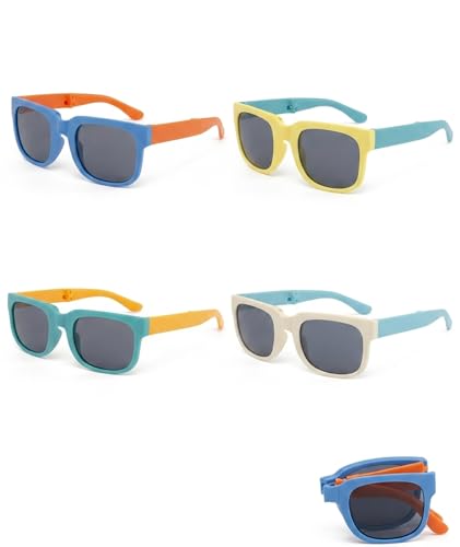 Image of 4 PCS Kids Sunglasses for Boys, Kids Goggles for Boys, Foldable UV Protection Eyewear, Multi-Color Set with Blue Yellow Green White Options, Outdoor Activities Accessory, Durable Flexible Frame Design
