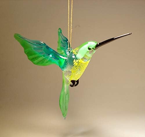 Green and Yellow Glass Bird Hanging Hummingbird Figurine Ornament