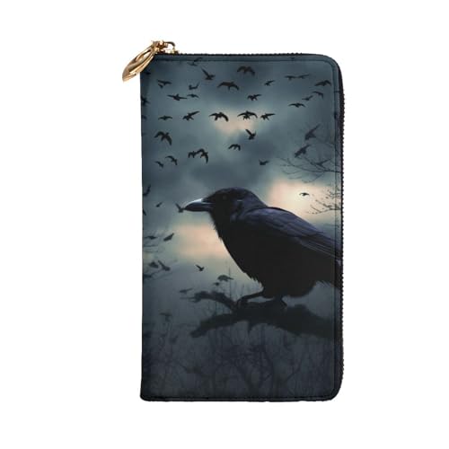 Night Crow Wallet For Women Men Clutch Rfid Blocking Leather Wallets Large Capacity Purse Credit Card Holder Money Case With Zipper Phone Holder Long Travel Purse2
