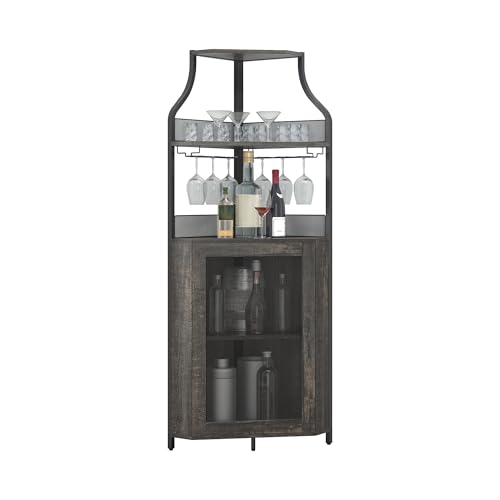 Garvee Aparador Esquinero para Bar, Mueble Bar Industrial De 5 Niveles con Botellero, Porta Copas, Puerta De Malla y Estantes Ajustables para Salón, Comedor y Cocina