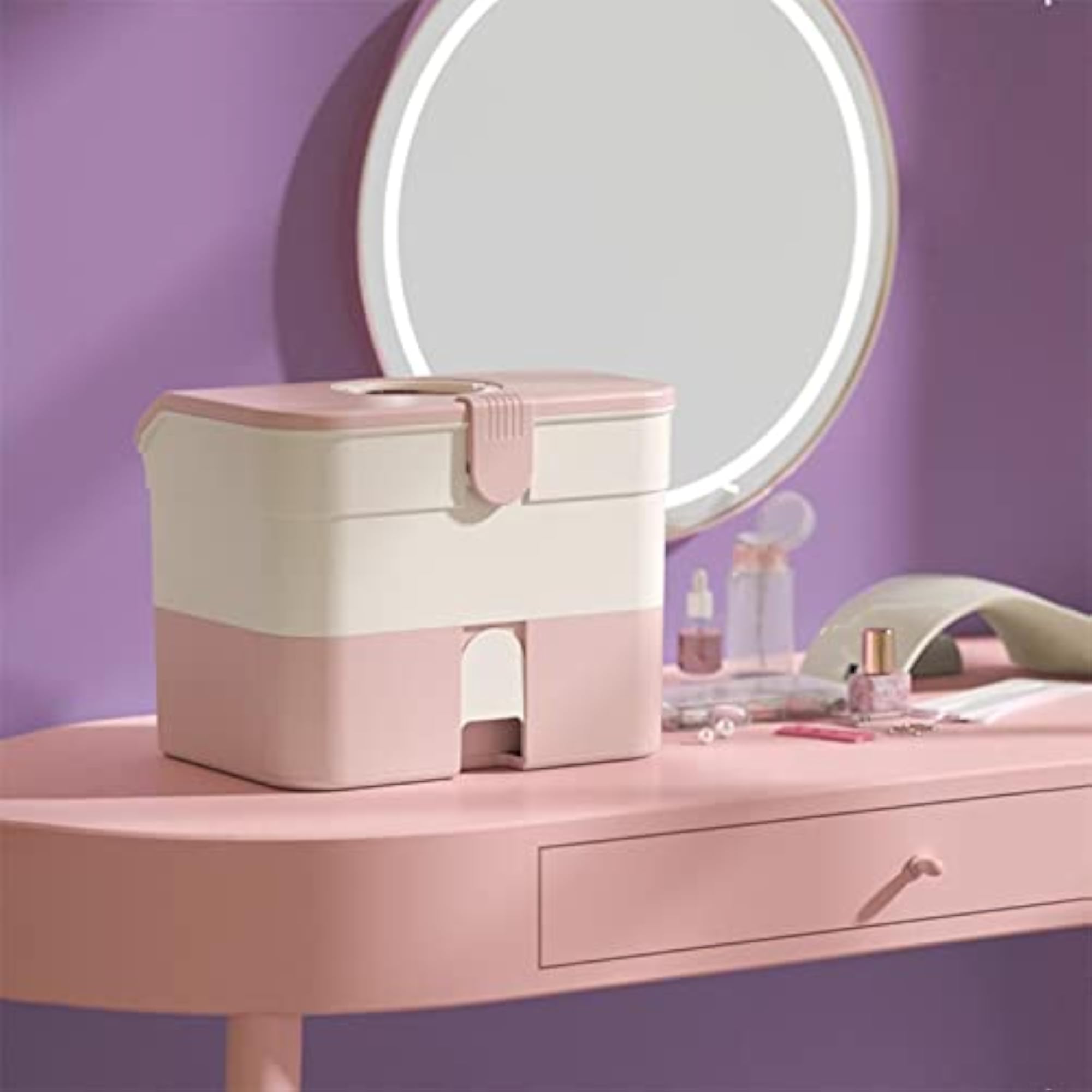 Lightweight 2 Layers Makeup Drawer Storage Box, Pink
