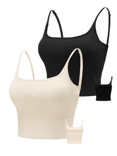 Image of Chilylori Seamless Sports Bra Cropped Tank Top with Adjustable Strap 2 Pack | Workout Tops Ribbed Sports Bra for Women Wireless Longline Crop Tank Padded Comfortable Brami