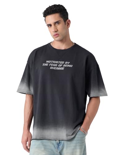 Image of The Souled Store Oversized T-Shirt: Motivation Men and Boys Short Sleeves Round Neck Black Typography Printed Cotton Oversized T-Shirts