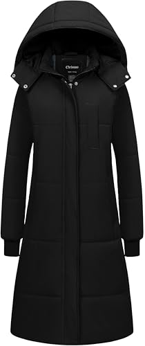 Chrisuno Long Winter Coats For Women Waterproof Puffer Coat Ladies Bubble Jacket Women's Thicken Fleece Lined Hooded Parka with Pockets Black S