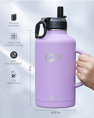 64oz Insulated Water Bottle with Handle, INSPI Half Gallon Stainless Steel Water Bottles, Travel Flask with Straw Spout Lid and Carry Pouch, Mug Tumbler Cup, Keep Cold Hot, Purple — view 6