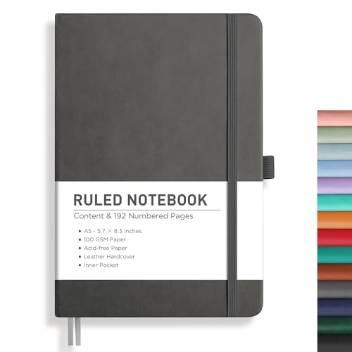 Image of RETTACY Lined Journal Notebook, 192 Numbered Pages, A5 Size (5.7'' x 8.3'') | Leather Hardcover, 100 GSM Thick Paper, for Men & Women, Journaling, Writing, Work & Office (Gray)