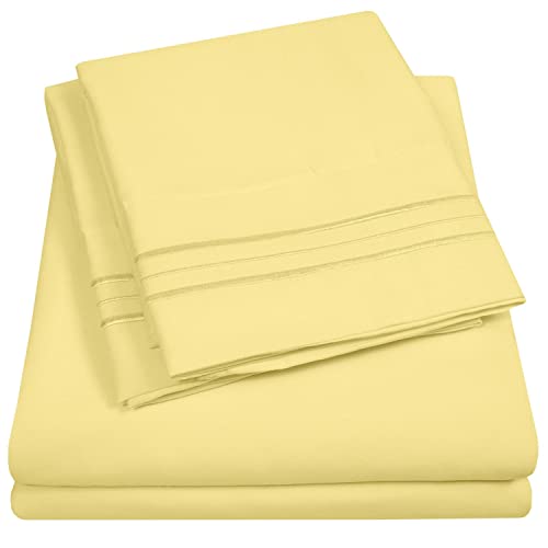 RV Short Queen Sheet Set with Built-in Sheet Straps - Deep Pocket Recreational Vehicle Camper Size Fitted Sheet, Flat Sheet & Pillowcases - Soft, Wrinkle-Free, Secure Fit - Pale Yellow