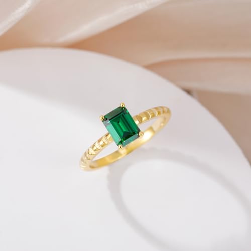 14K Gold Plated Engagement Rings for Women Created Green Emerald Solitaire Emerald Oval Marquise Cut Wedding Band Promise Ring for Her Size 5-103