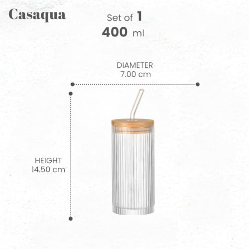 Image of Ribbed Glass Tumbler with Bamboo Lid & Glass Straw - 400ml, Set of 1, Premium Clear Drinking Glass Cup for Water, Juice, Iced Coffee, Smoothies & Cold Beverages, Leak-Resistant Glass Cup