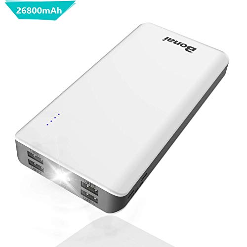 BONAI Bateria Externa 26800mAh, Cargador Móvil Portáti Power Bank Paquete de batería de polímero 4.0A Entrada 5.4A Salida, Linterna LED incluida, Compatible con iPhone iPad MacBook - Blanco