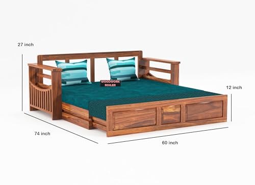 Image of Solid Sheesham Wooden Sofa Cums Bed with Mattresses for Living Room|Rosewood 3-Person Sofa Cums Bed for Bedroom Without Pillow (E-Natural Finish)