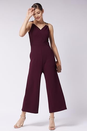 Image of Miss Chase Women's Halter Neck Sleeveless Solid Wide Leg Sequin Paneled Regular Length Jumpsuit