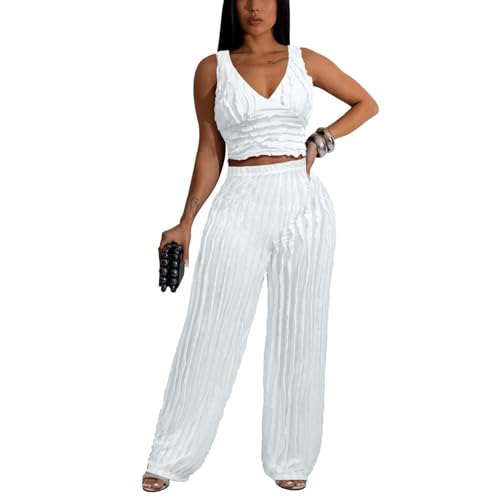 PRIVIMIX Women 2 Piece Outfits Sexy See Through Backless Top Ruffle Wide Leg Palazzo Pants Sheer Mesh Trousers Set2