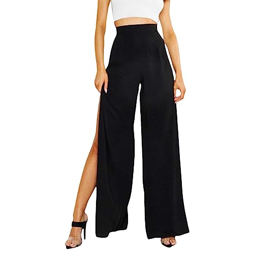 Women's Beachwear Pants Solid Color Wide Leg Feminine Loose Pants Side Split Charming Pants Ladies Elegant (Black, S)