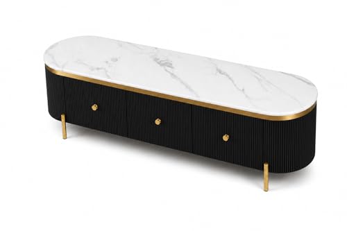 Image of Mazzo White Marble TV Unit Console | 70 inchx15 inchx18 inch | Golden Legs & Charcoal Louvers | Storage Drawers | Modern TV Stand Console Unit White Marble Top with Gold Accents, Storage (Black)