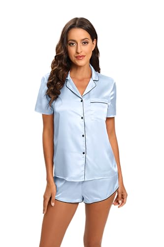 Image of Silk Pajamas for Women Satin Womens PJ Set 2 Piece Short Lounge Set Summer Sleepwear Notch Collar Button-Down Pjs
