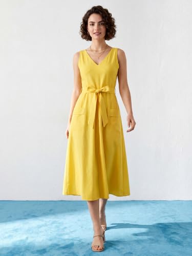 Image of PURVAJA Women's Fit & Flared Midi Length Sleeveless V-Neck Solid Dress