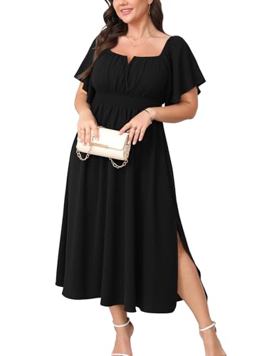 Women Plus Size Dress Wedding Guest Formal Ruffle Short Sleeve Square Neck Smocked Flowy A Line Slit Maxi Dresses